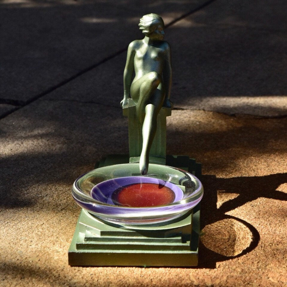 Vintage Rare Art Deco Weisbach Glass & Cast Metal Frankart Style Nude Ashtray, Green Painted Figure/Stand, Eclectic Home Decor