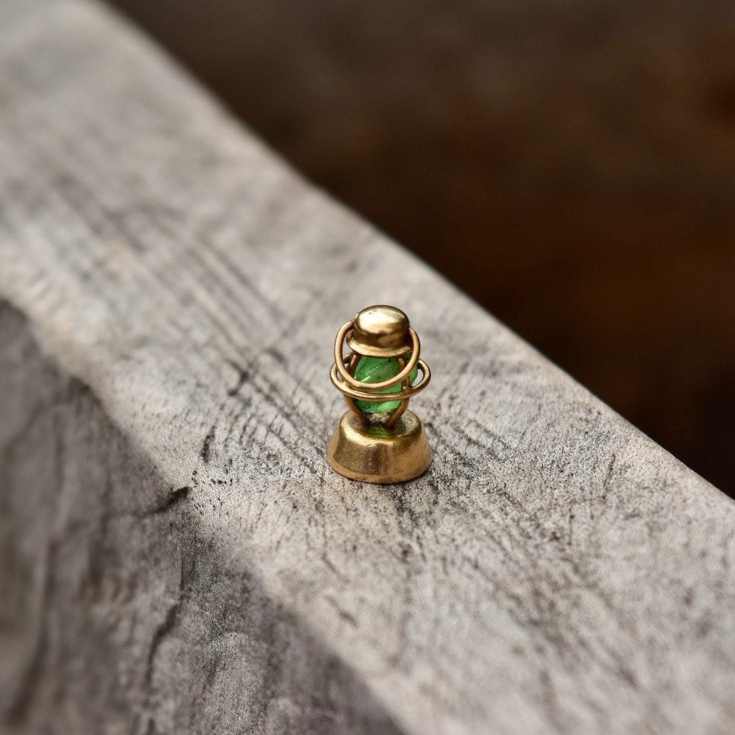 14K Railroad Lantern Charm, 3D Movable Green Lantern Charm, Faceted Glass Bead, Mid-Century, 12mm