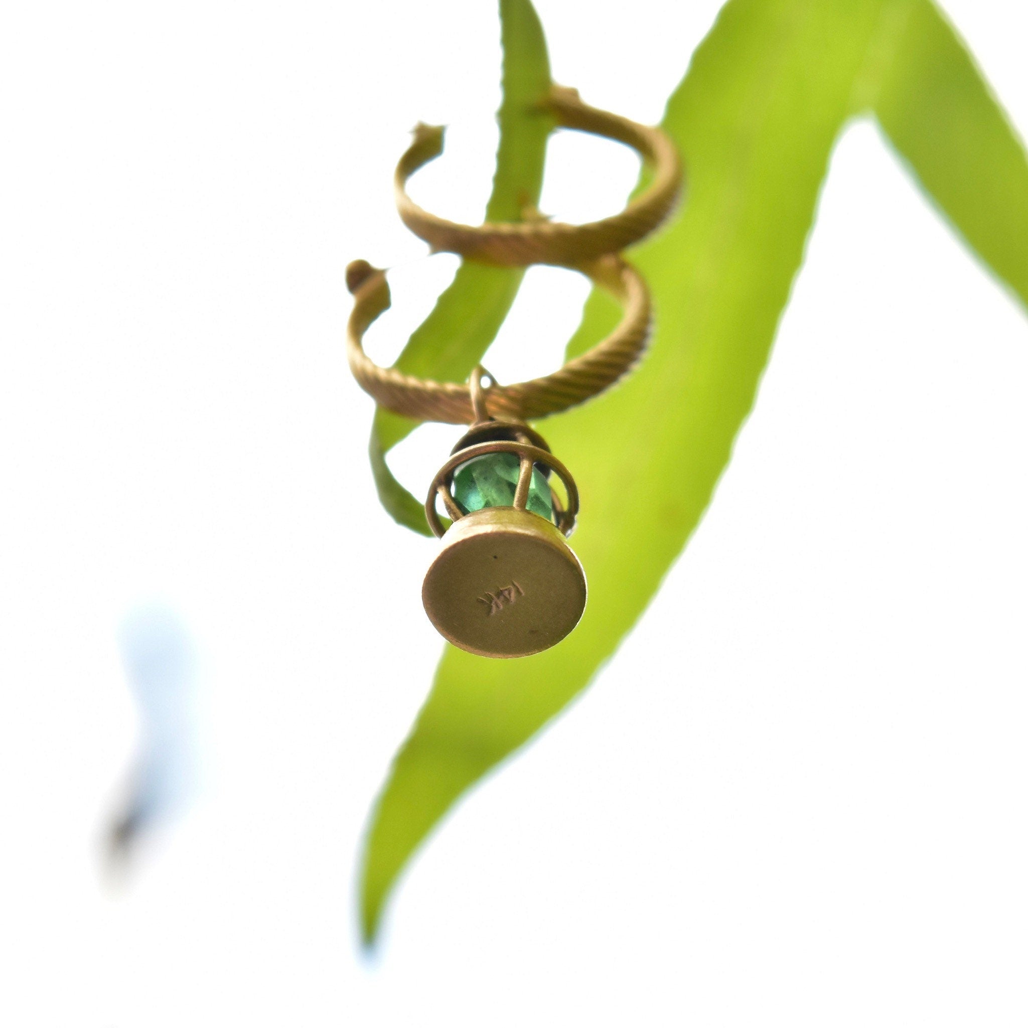 14K Railroad Lantern Charm, 3D Movable Green Lantern Charm, Faceted Glass Bead, Mid-Century, 12mm