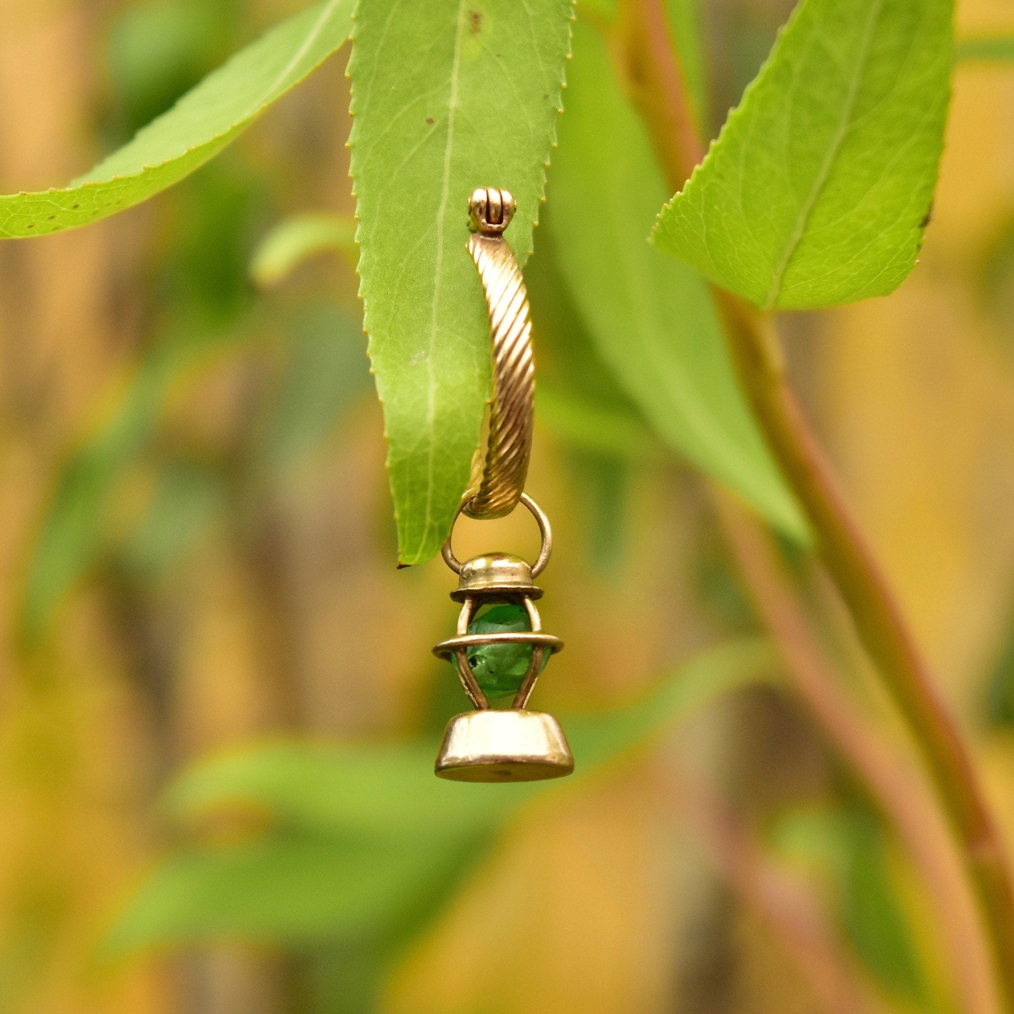 14K Railroad Lantern Charm, 3D Movable Green Lantern Charm, Faceted Glass Bead, Mid-Century, 12mm