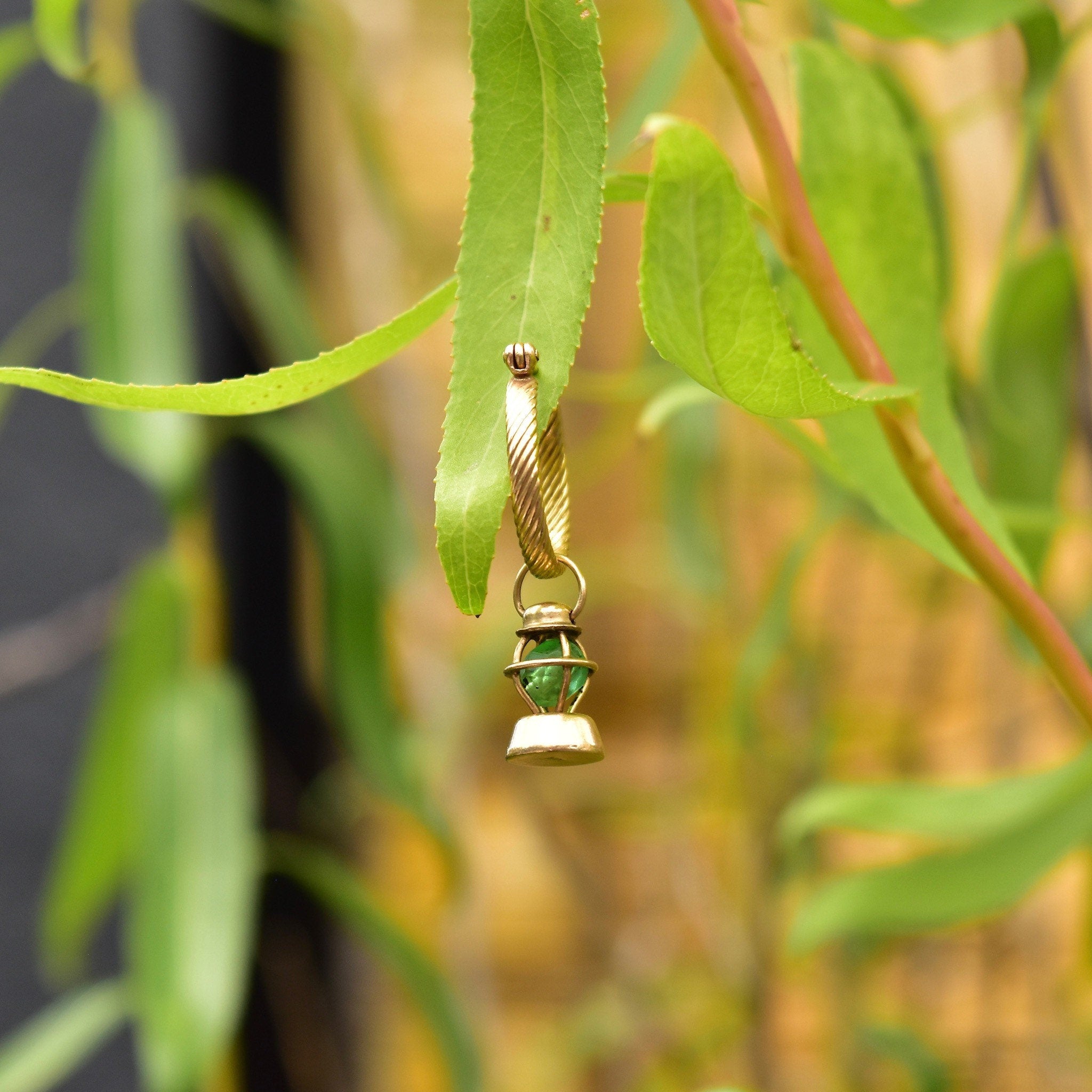 14K Railroad Lantern Charm, 3D Movable Green Lantern Charm, Faceted Glass Bead, Mid-Century, 12mm