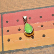 Vintage Mexican Sterling Silver Gaspeite Teardrop Pendant, Bohemian Modernist, Lime Green Gemstone, Polished Silver Drop Setting, 4mm