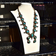 Native American Turquoise Squash Blossom Necklace, Heavy Silver Turquoise Pendant Necklace, Vintage Navajo Old Pawn Jewelry, 26 1/2"