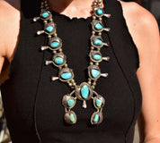 Native American Turquoise Squash Blossom Necklace, Heavy Silver Turquoise Pendant Necklace, Vintage Navajo Old Pawn Jewelry, 26 1/2"