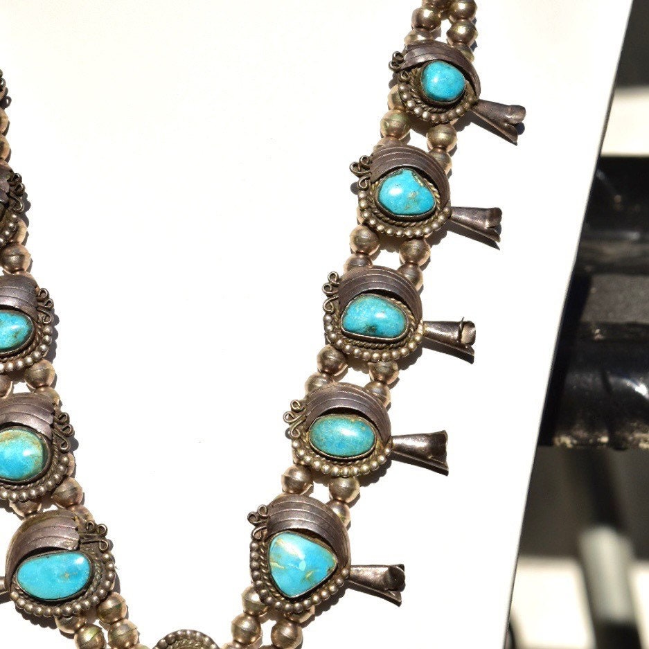 Native American Turquoise Squash Blossom Necklace, Heavy Silver Turquoise Pendant Necklace, Vintage Navajo Old Pawn Jewelry, 26 1/2"