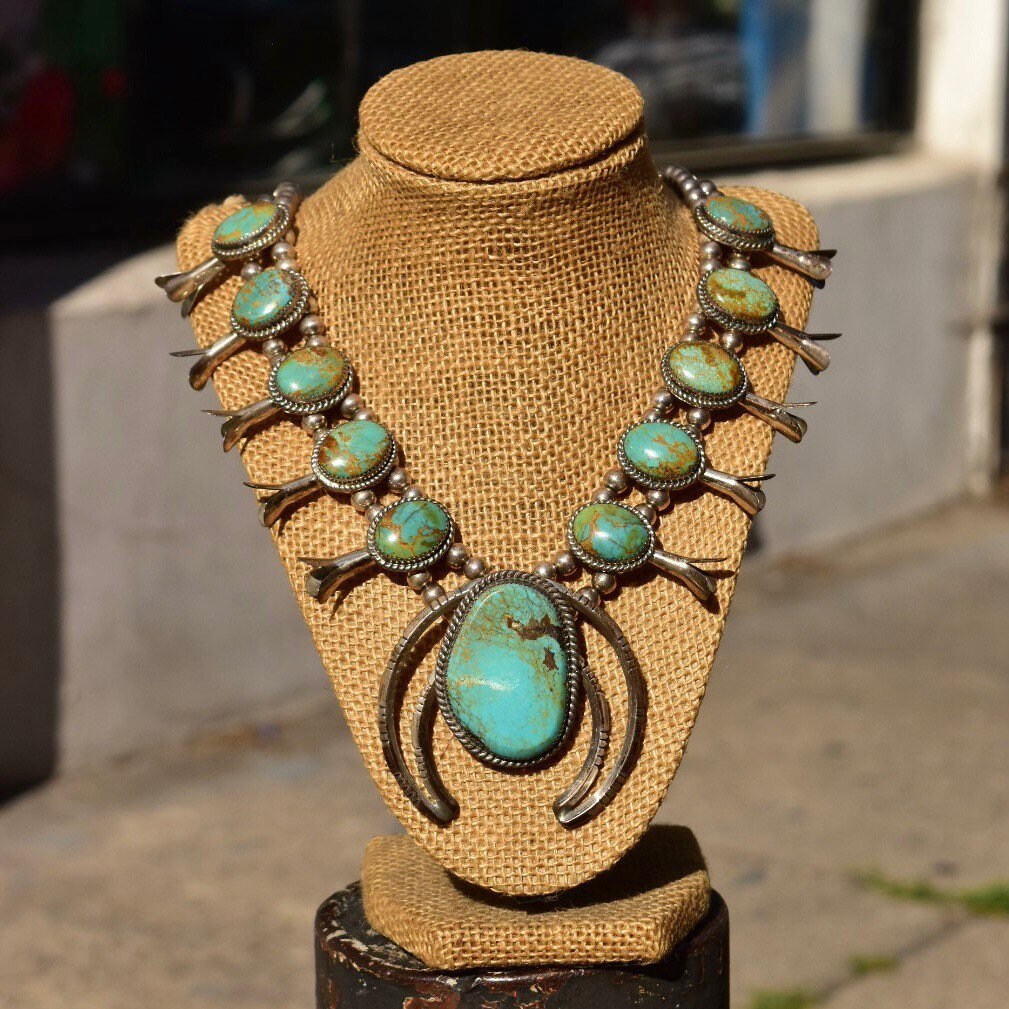 Signed Native American Green Turquoise Squash Blossom Necklace, L. Begay Sterling, Navajo Old Pawn Jewelry, 22 3/4"