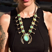 Signed Native American Green Turquoise Squash Blossom Necklace, L. Begay Sterling, Navajo Old Pawn Jewelry, 22 3/4"