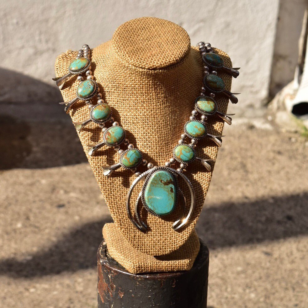 Signed Native American Green Turquoise Squash Blossom Necklace, L. Begay Sterling, Navajo Old Pawn Jewelry, 22 3/4"