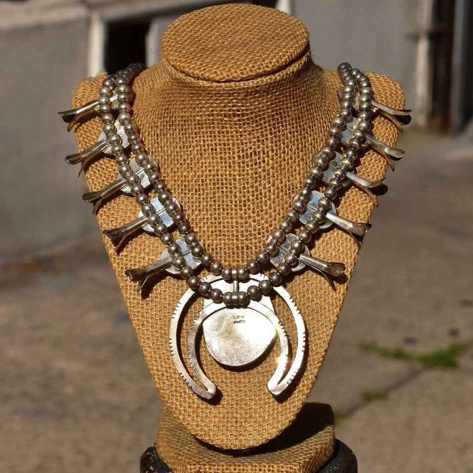 Signed Native American Green Turquoise Squash Blossom Necklace, L. Begay Sterling, Navajo Old Pawn Jewelry, 22 3/4"