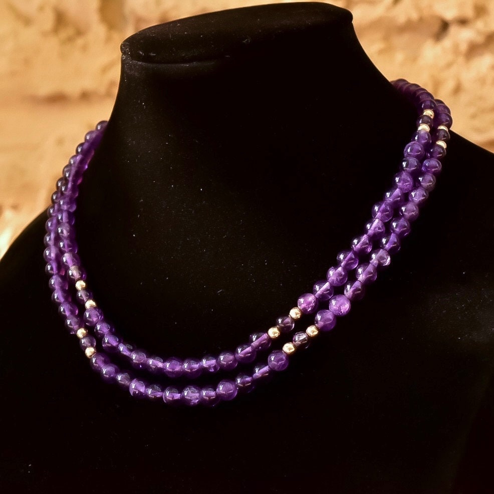 Vintage 14K Purple Jade Knotted Bead Necklace, Polished 6mm Round Jade Beads, 4mm Gold Bead Accents, Layered Beads, Gemstone Jewelry, 31" L