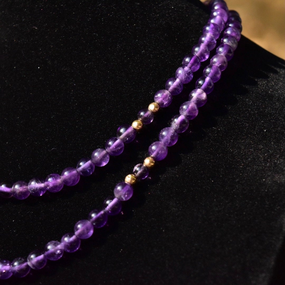 Vintage 14K Purple Jade Knotted Bead Necklace, Polished 6mm Round Jade Beads, 4mm Gold Bead Accents, Layered Beads, Gemstone Jewelry, 31" L