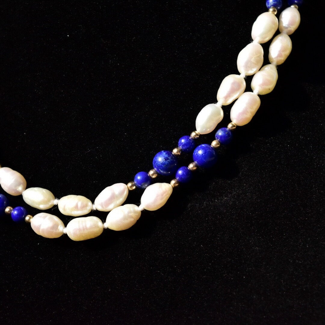 Vintage 14K Fresh Water Pearl and Lapis Lazuli Knotted Bead Necklace, Baroque Pearls, Polished Lapis Lazuli, Gold Bead Accents, 29" L
