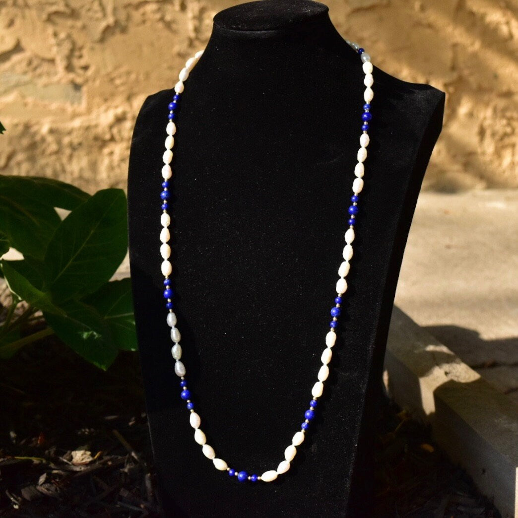 Vintage 14K Fresh Water Pearl and Lapis Lazuli Knotted Bead Necklace, Baroque Pearls, Polished Lapis Lazuli, Gold Bead Accents, 29" L
