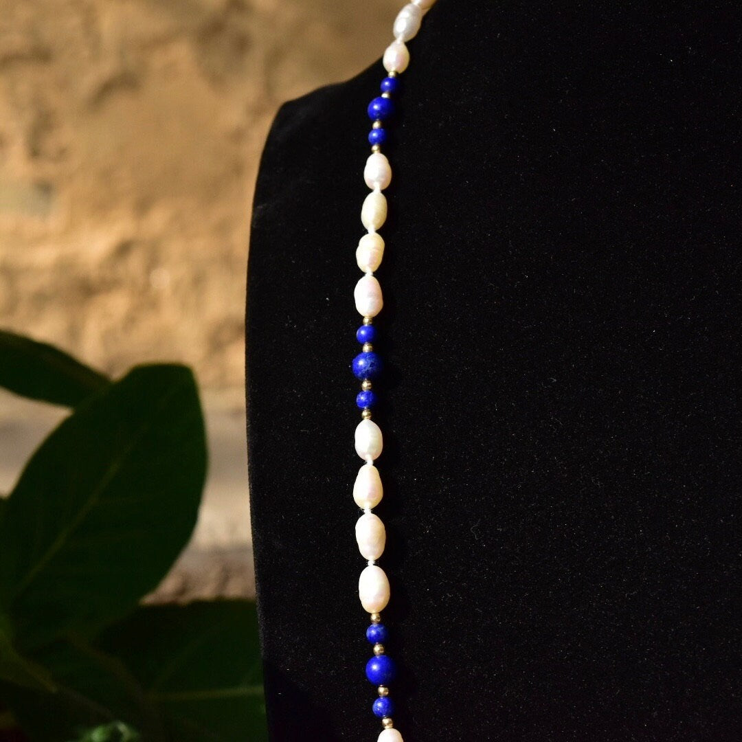 Vintage 14K Fresh Water Pearl and Lapis Lazuli Knotted Bead Necklace, Baroque Pearls, Polished Lapis Lazuli, Gold Bead Accents, 29" L