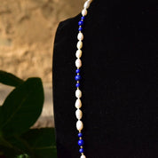 Vintage 14K Fresh Water Pearl and Lapis Lazuli Knotted Bead Necklace, Baroque Pearls, Polished Lapis Lazuli, Gold Bead Accents, 29" L