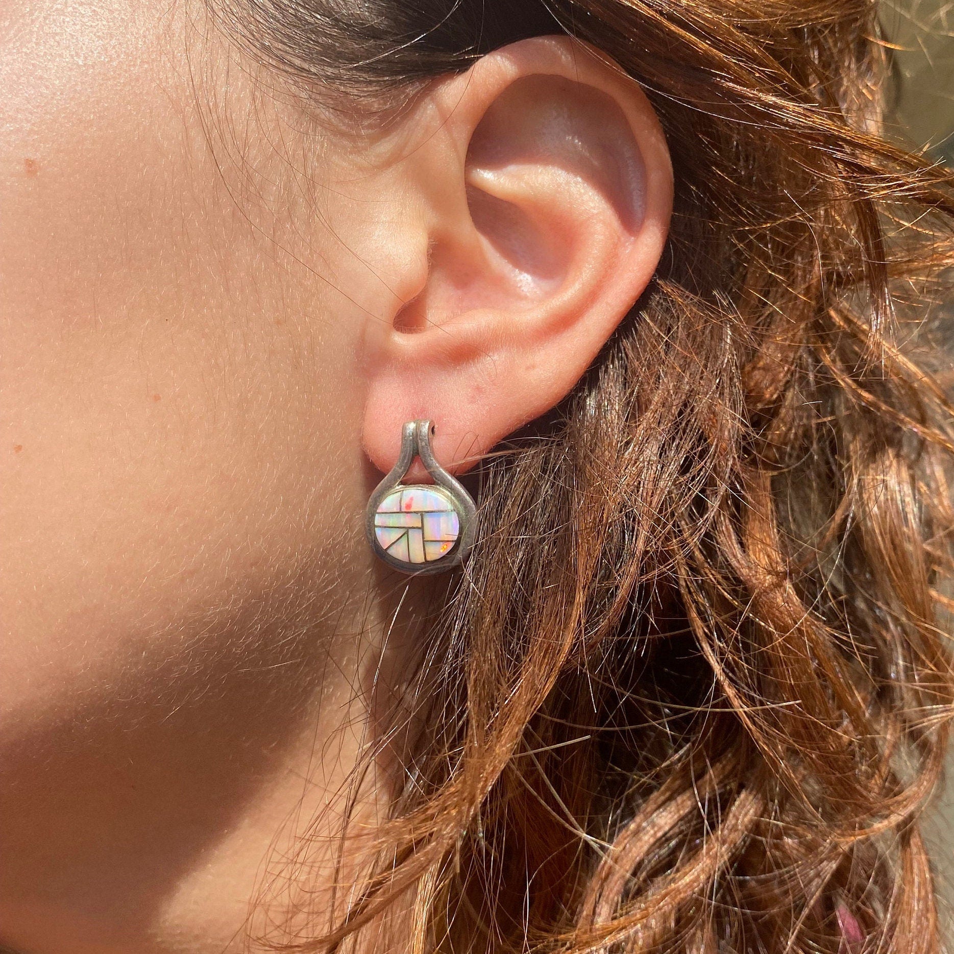 Vintage Sterling Silver Opal Inlay Stud Earrings, Iridescent White Opal Mosaic Inlay, Opal Drop Stud Earrings, 925 Earrings, 2.5 cm