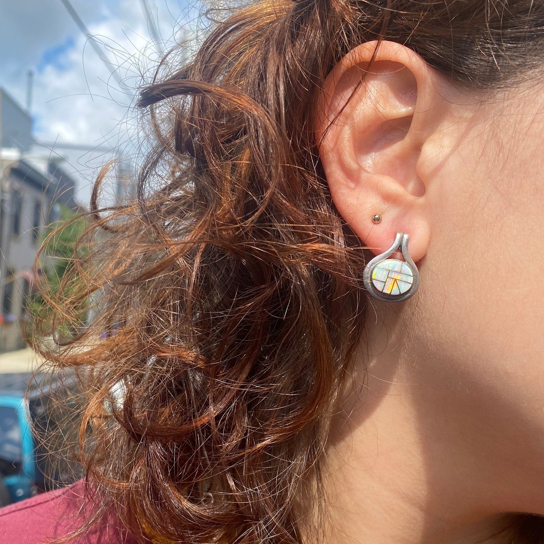 Vintage Sterling Silver Opal Inlay Stud Earrings, Iridescent White Opal Mosaic Inlay, Opal Drop Stud Earrings, 925 Earrings, 2.5 cm