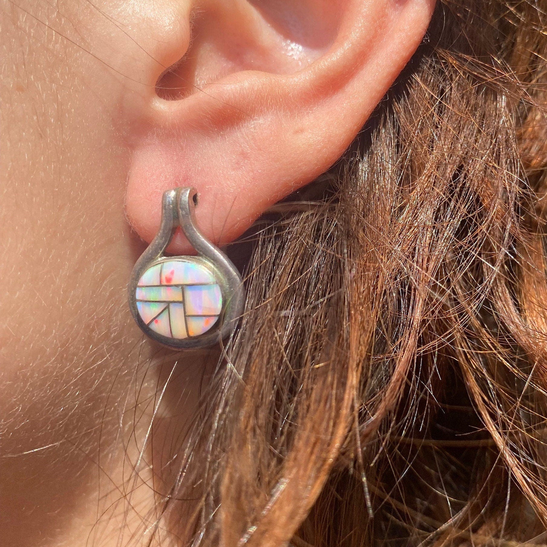 Vintage Sterling Silver Opal Inlay Stud Earrings, Iridescent White Opal Mosaic Inlay, Opal Drop Stud Earrings, 925 Earrings, 2.5 cm