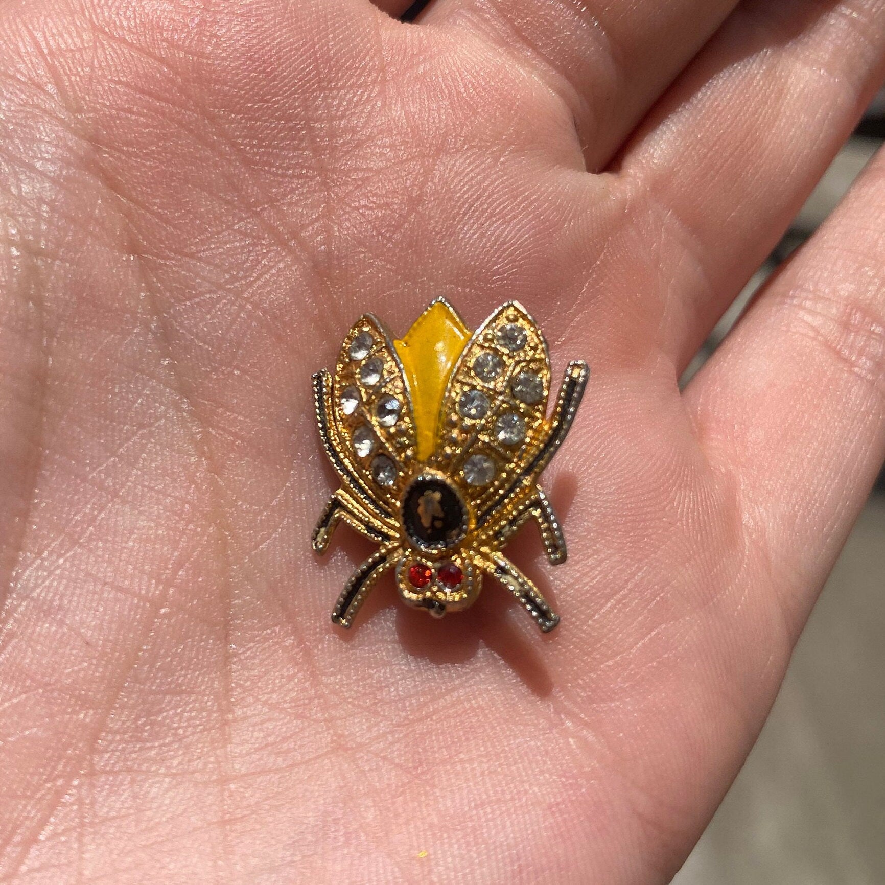 Vintage Gold-Toned Ruby Eyed Beetle Brooch, Cute Beetle Pin With Small Gemstones, Animal Jewelry