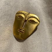 Vintage Maxine Denker Gold-Toned Tribal Face Mask Brooch Pin, Abstract Modernist, Engraved Face Mask Brooch, Unique Jacket Pin, 45 mm