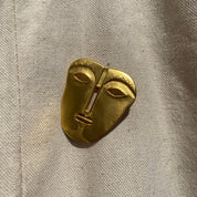 Vintage Maxine Denker Gold-Toned Tribal Face Mask Brooch Pin, Abstract Modernist, Engraved Face Mask Brooch, Unique Jacket Pin, 45 mm