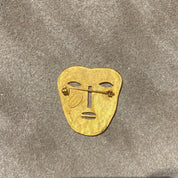 Vintage Maxine Denker Gold-Toned Tribal Face Mask Brooch Pin, Abstract Modernist, Engraved Face Mask Brooch, Unique Jacket Pin, 45 mm