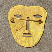 Vintage Maxine Denker Gold-Toned Tribal Face Mask Brooch Pin, Abstract Modernist, Engraved Face Mask Brooch, Unique Jacket Pin, 45 mm