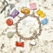 Sterling Silver Multi-Color Burmese Jade Charm Bracelet, Multi-Color Carved Stone Charms, Detachable Charms, Toggle Clasp, 8 1/2 L