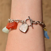 Sterling Silver Multi-Color Burmese Jade Charm Bracelet, Multi-Color Carved Stone Charms, Detachable Charms, Toggle Clasp, 8 1/2 L