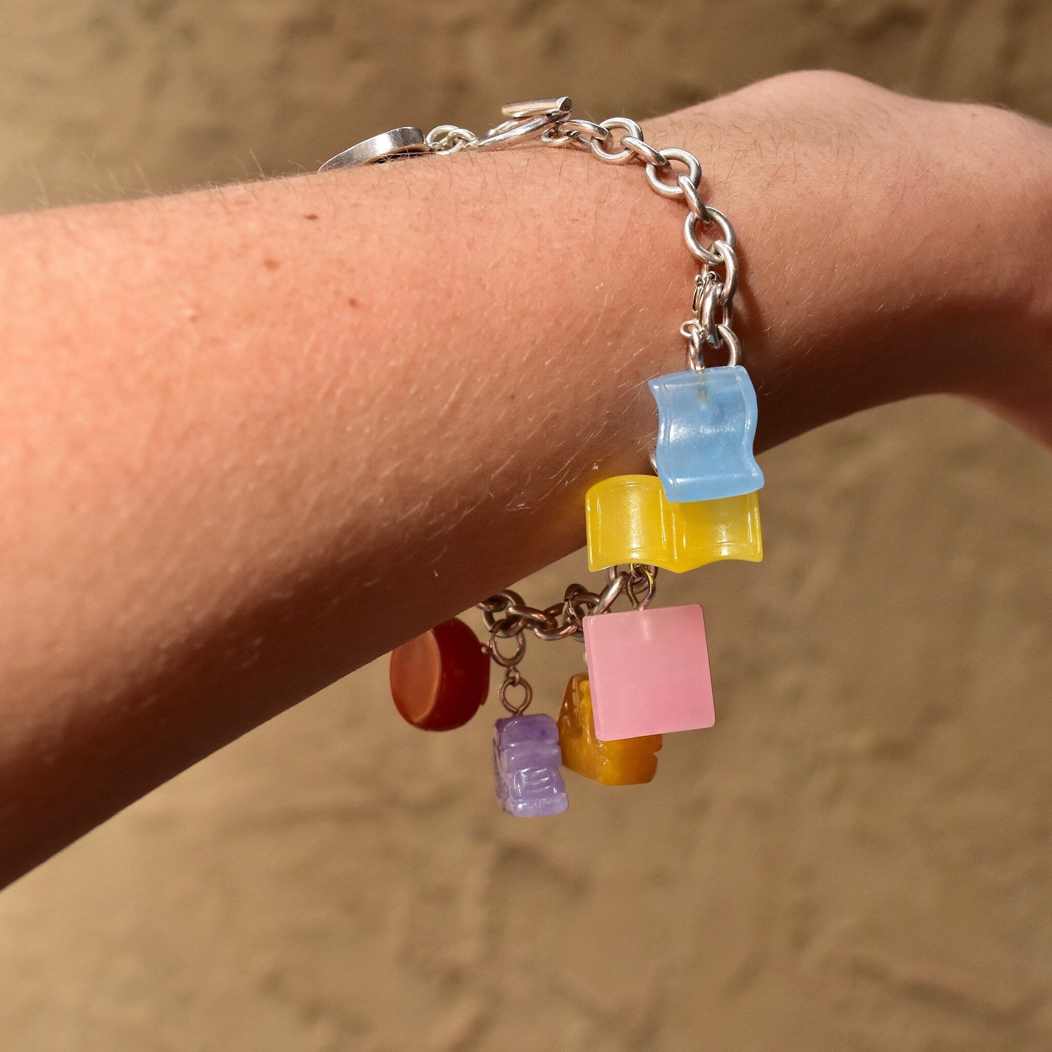 Sterling Silver Multi-Color Burmese Jade Charm Bracelet, Multi-Color Carved Stone Charms, Detachable Charms, Toggle Clasp, 8 1/2 L