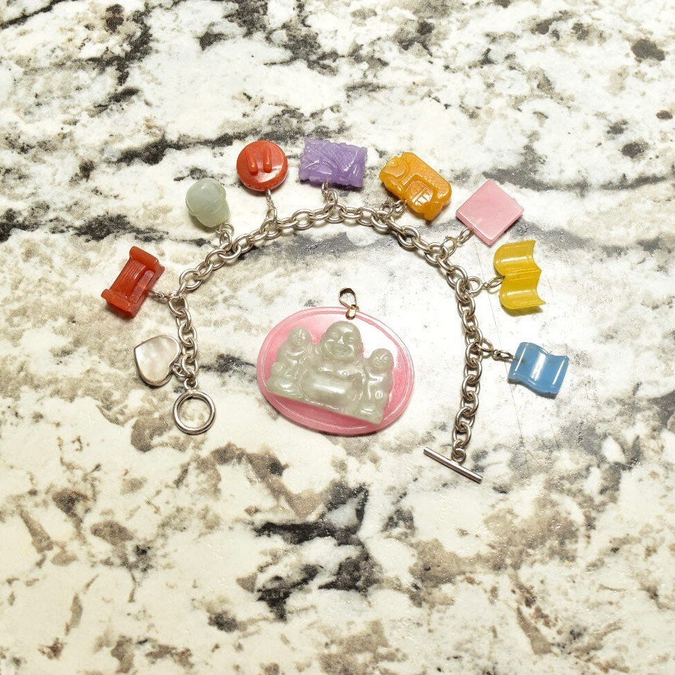 Sterling Silver Multi-Color Burmese Jade Charm Bracelet, Multi-Color Carved Stone Charms, Detachable Charms, Toggle Clasp, 8 1/2 L