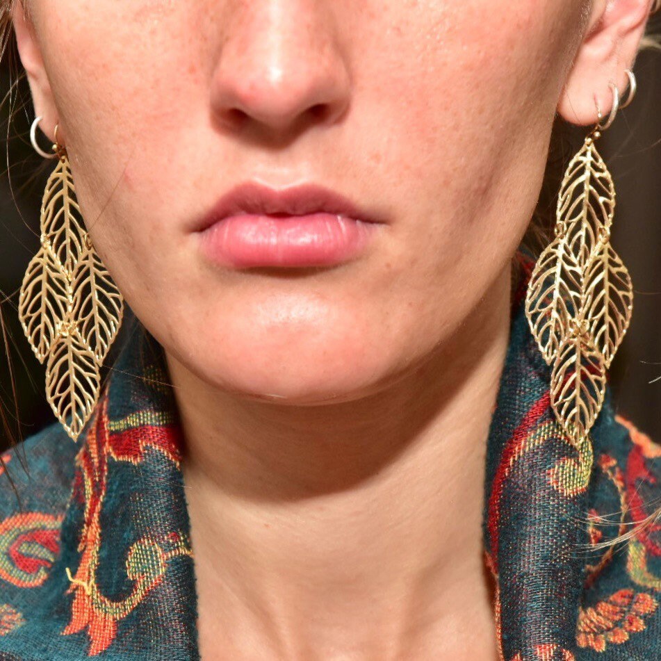 Ornate Gold-Toned Layered Hollow Leaf Dangle Earrings