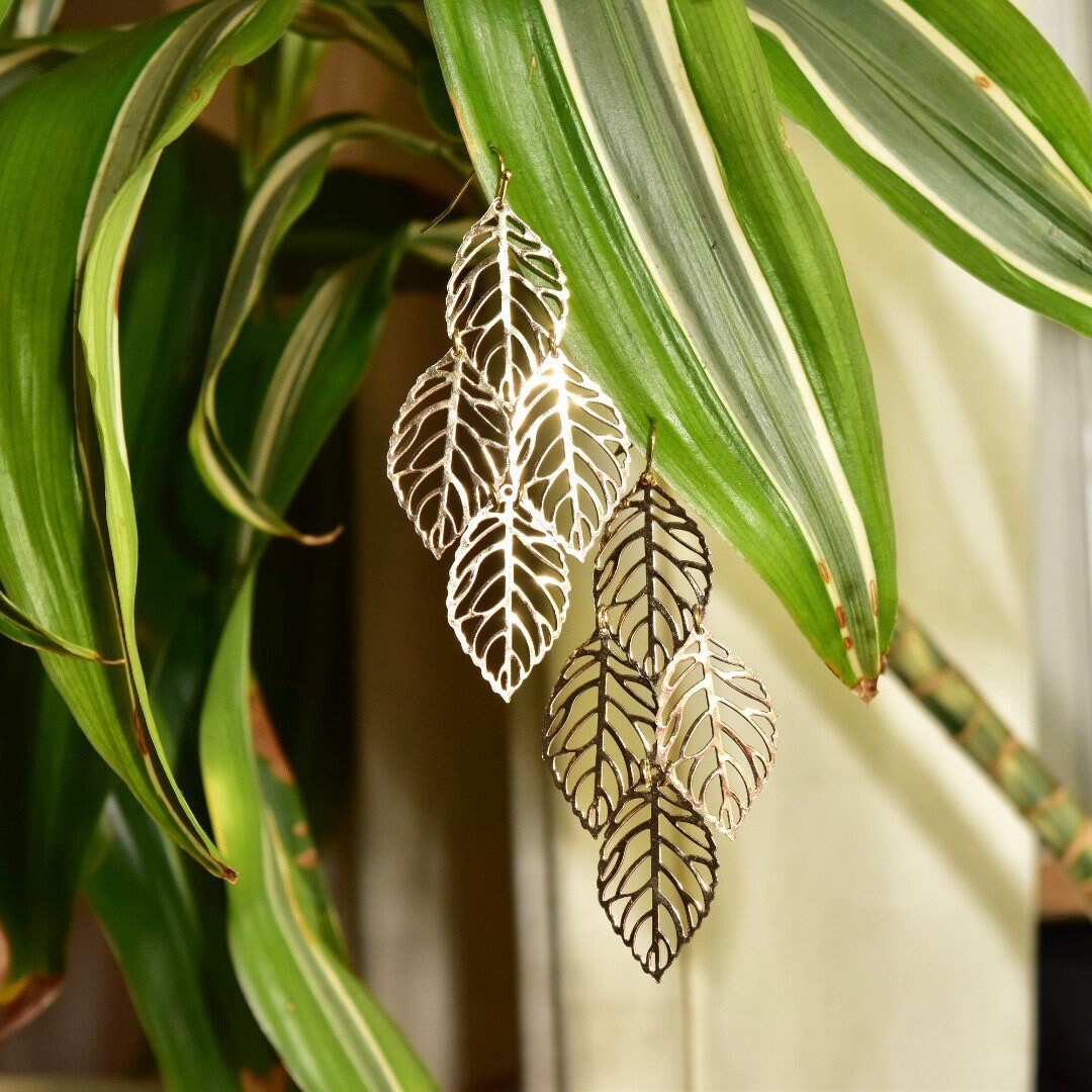 Ornate Gold-Toned Layered Hollow Leaf Dangle Earrings