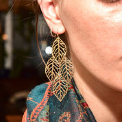 Ornate Gold-Toned Layered Hollow Leaf Dangle Earrings