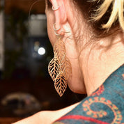 Ornate Gold-Toned Layered Hollow Leaf Dangle Earrings