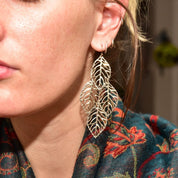 Ornate Gold-Toned Layered Hollow Leaf Dangle Earrings