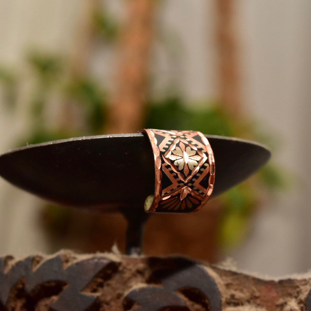 Bohemian Hammered Mixed-Metal Cuff Ring, Copper, Silver & Black, Floral Motifs, Adjustable