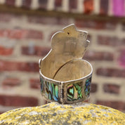 Vintage TAXCO Sterling Silver Abalone Inlay Bypass Clamper Cuff Bracelet, BHR 925, Iridescent Swirl Shell Design, Bohemian Modernist, 6"