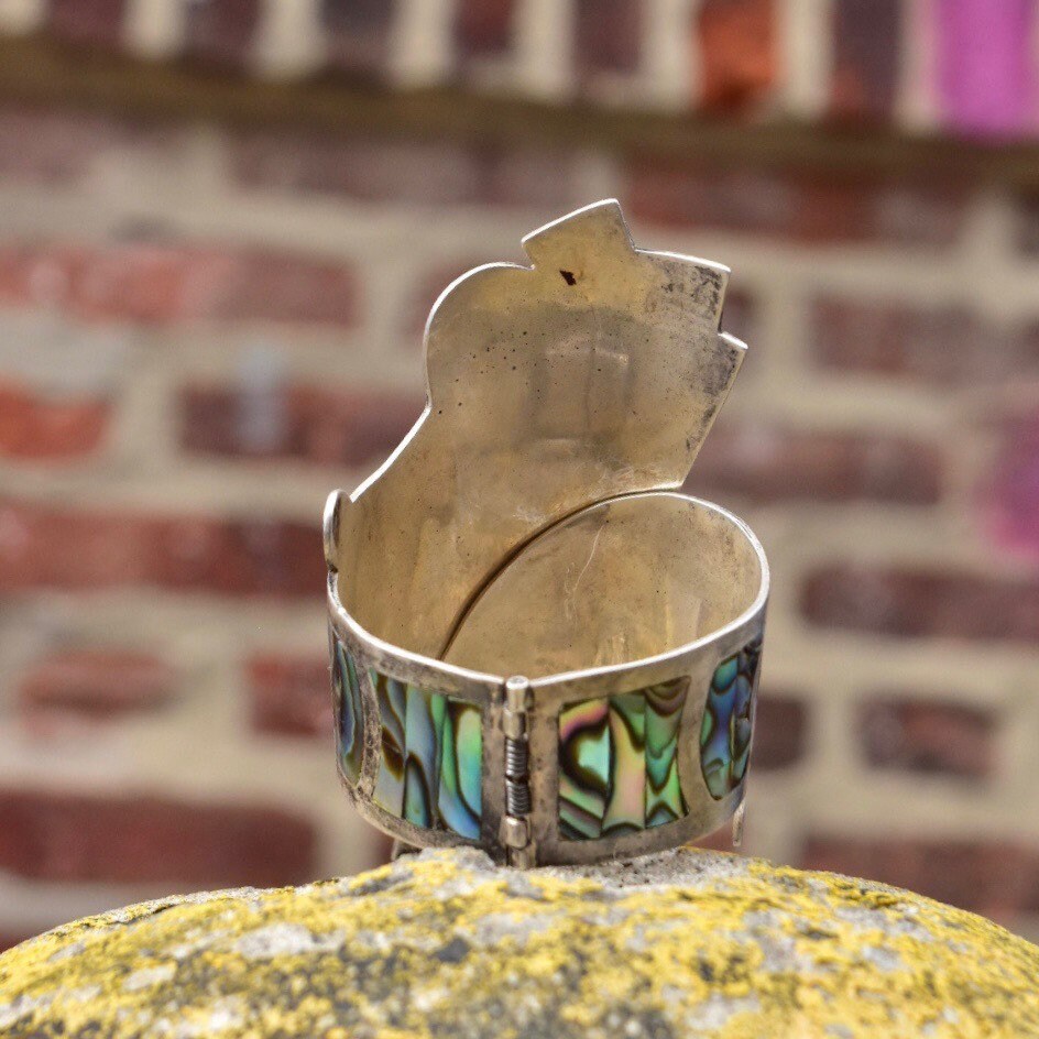 Vintage TAXCO Sterling Silver Abalone Inlay Bypass Clamper Cuff Bracelet, BHR 925, Iridescent Swirl Shell Design, Bohemian Modernist, 6"