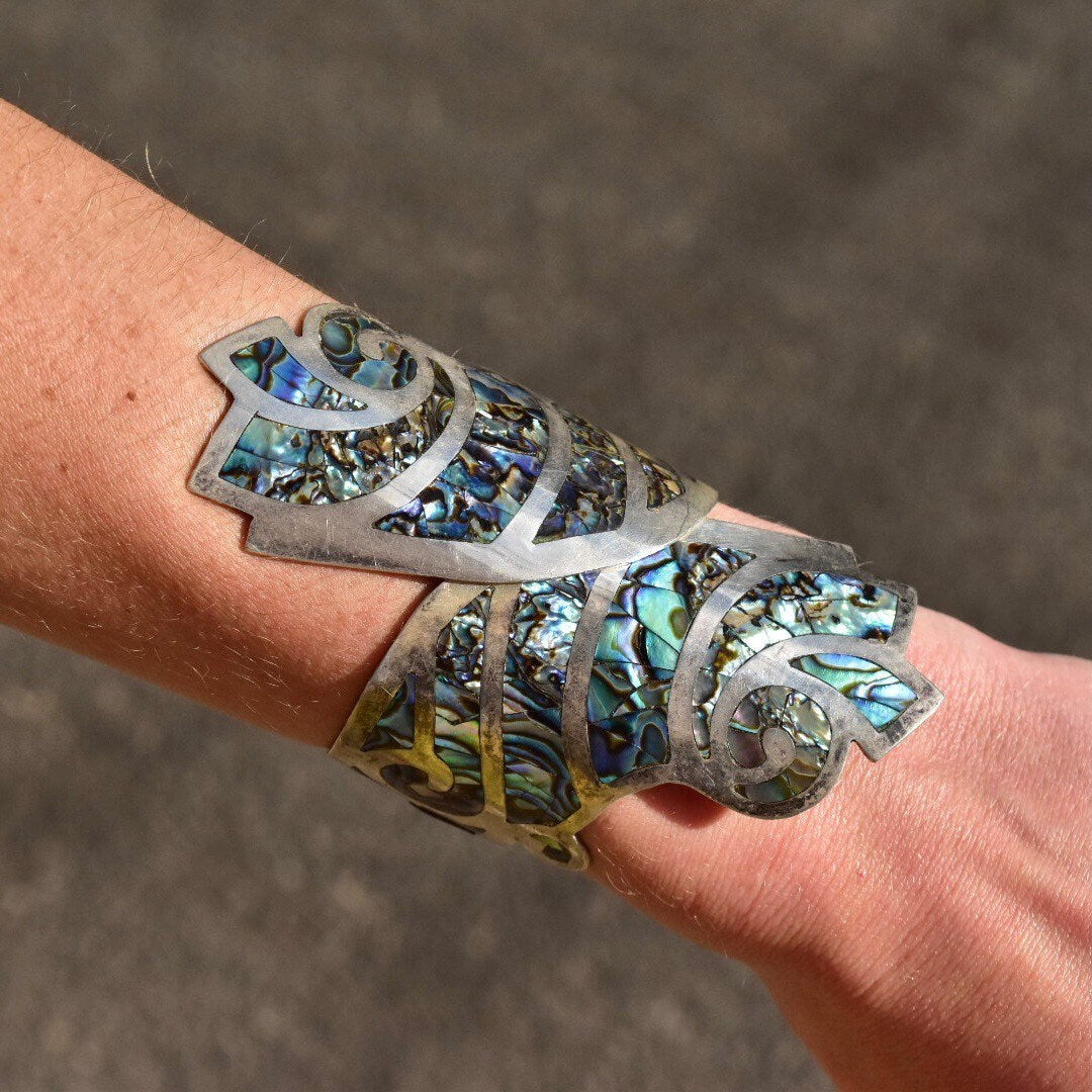 Vintage TAXCO Sterling Silver Abalone Inlay Bypass Clamper Cuff Bracelet, BHR 925, Iridescent Swirl Shell Design, Bohemian Modernist, 6"