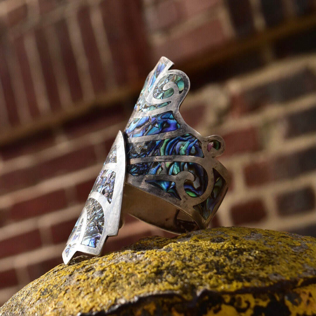 Vintage TAXCO Sterling Silver Abalone Inlay Bypass Clamper Cuff Bracelet, BHR 925, Iridescent Swirl Shell Design, Bohemian Modernist, 6"