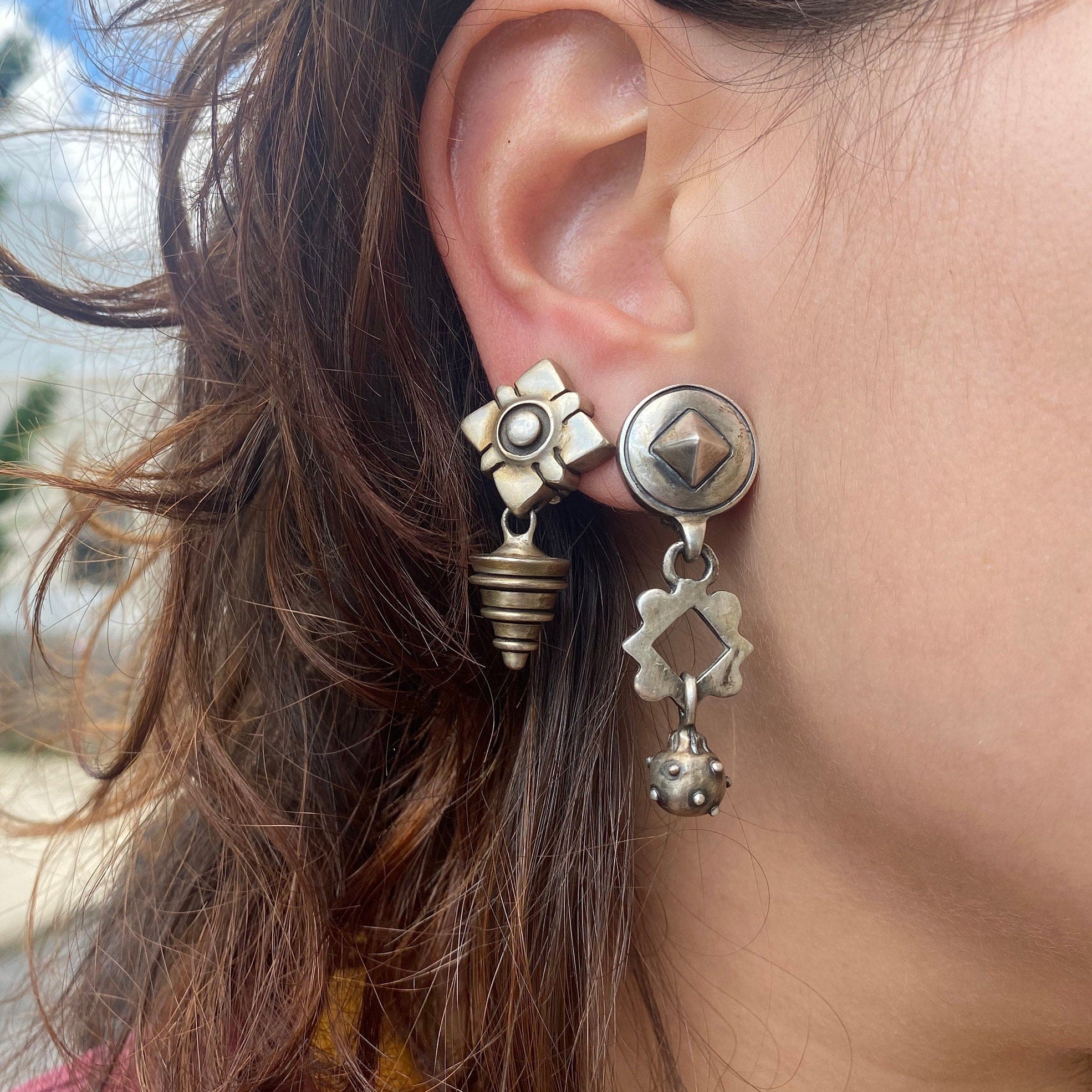 Vintage Lisa Jenks Modernist Sterling Silver Clip-On Earrings, Layered Earrings, Steam Punk Jewelry, Funky 925 Statement Jewelry