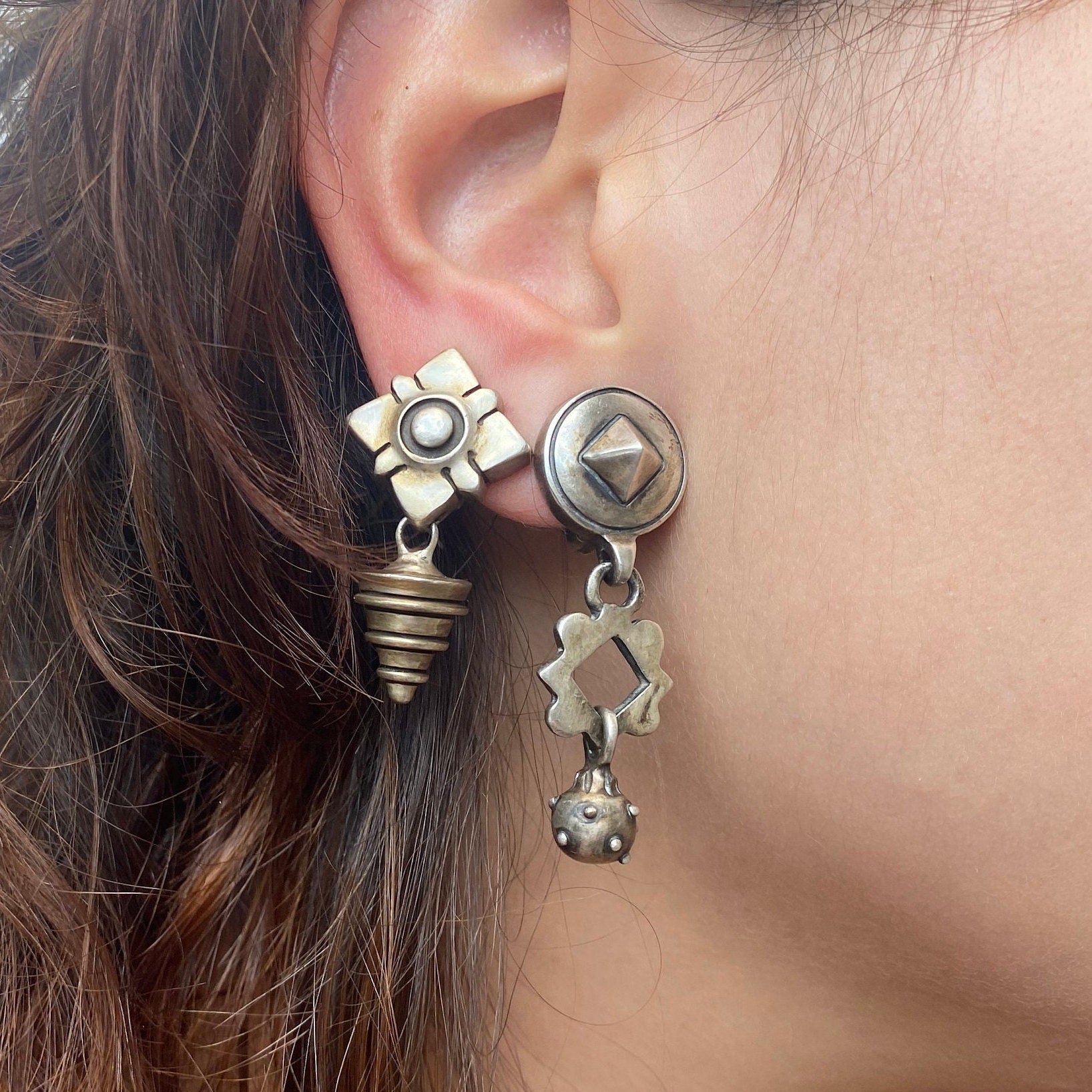 Vintage Lisa Jenks Modernist Sterling Silver Clip-On Earrings, Layered Earrings, Steam Punk Jewelry, Funky 925 Statement Jewelry