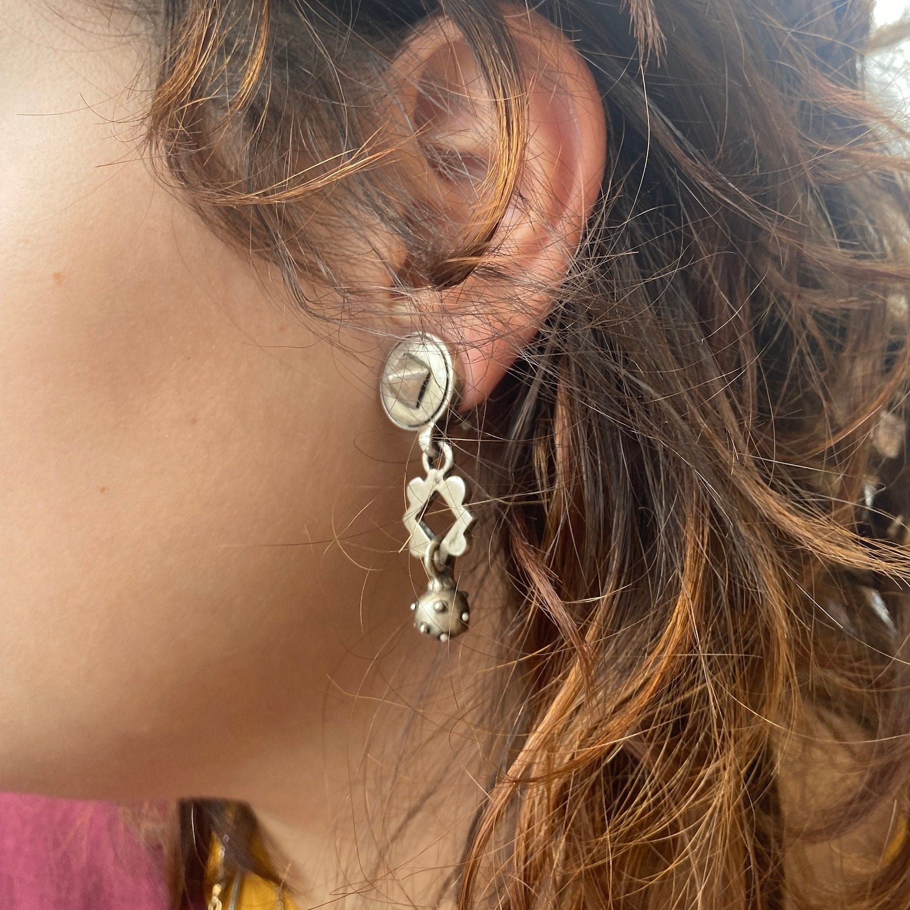 Vintage Lisa Jenks Modernist Sterling Silver Clip-On Earrings, Layered Earrings, Steam Punk Jewelry, Funky 925 Statement Jewelry
