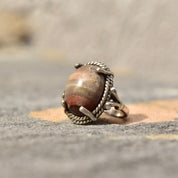 Vintage Bohemian Sterling Silver Rhodochrosite Cabochon Ring, Woven Silver Setting, 925 Statement Ring, Size 6 3/4 US