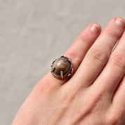 Vintage Bohemian Sterling Silver Rhodochrosite Cabochon Ring, Woven Silver Setting, 925 Statement Ring, Size 6 3/4 US