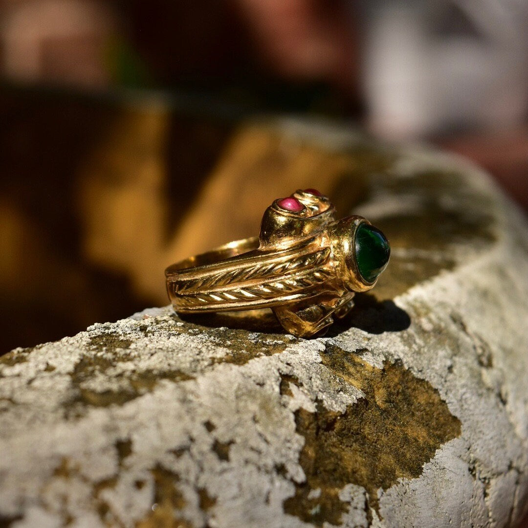 Modernist Gaudy Gold-Toned Ring with Green, Red, and Pink Glass Cabochons Set in Overstated Gold Detailing, Costume Jewelry, 8.5 US