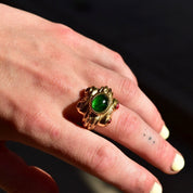 Modernist Gaudy Gold-Toned Ring with Green, Red, and Pink Glass Cabochons Set in Overstated Gold Detailing, Costume Jewelry, 8.5 US