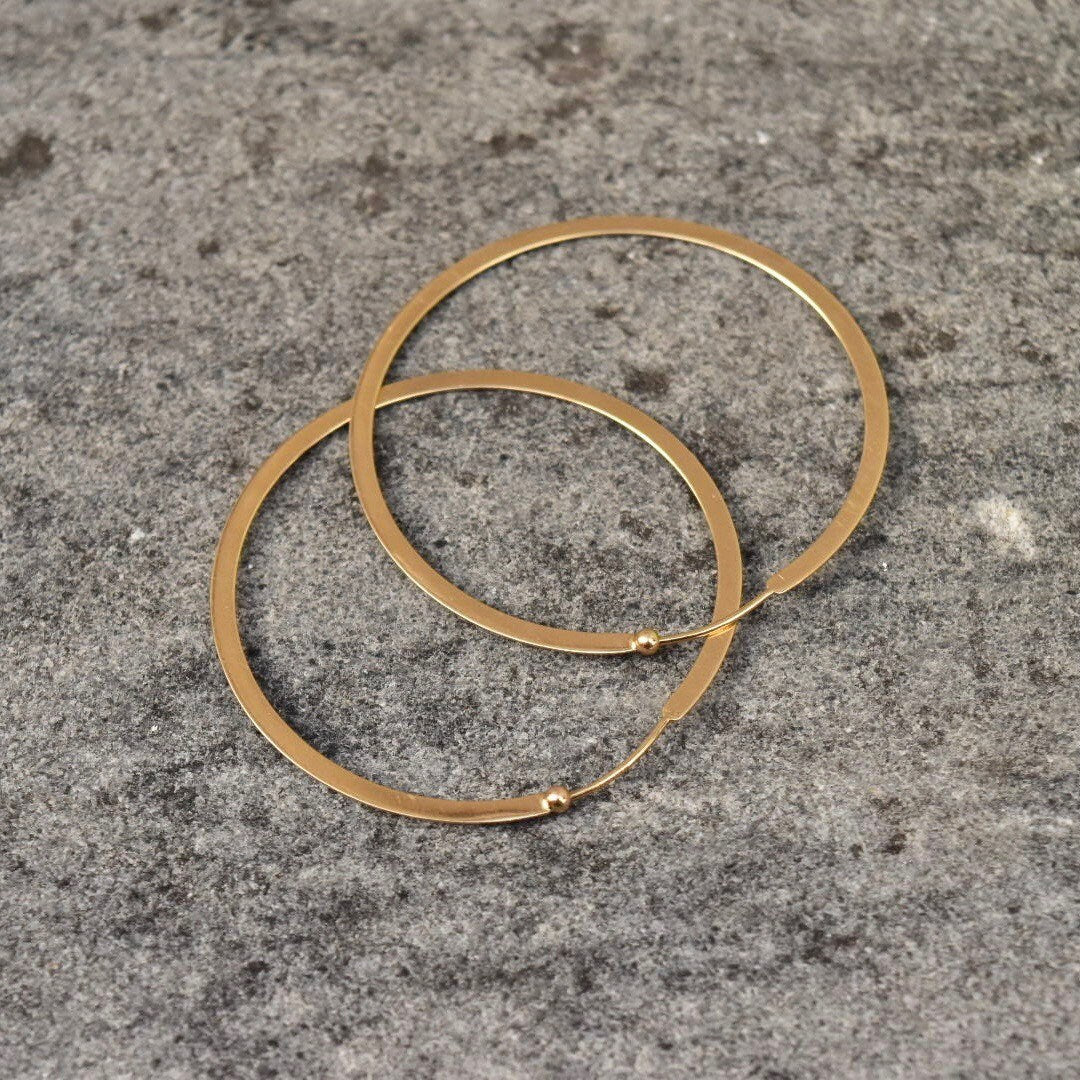 Vintage Solid 14K Gold Hoop Earrings, Flat Round Huggie Hoops, 585 Yellow Gold, Modernist Gold Hoops, 1 7/8"
