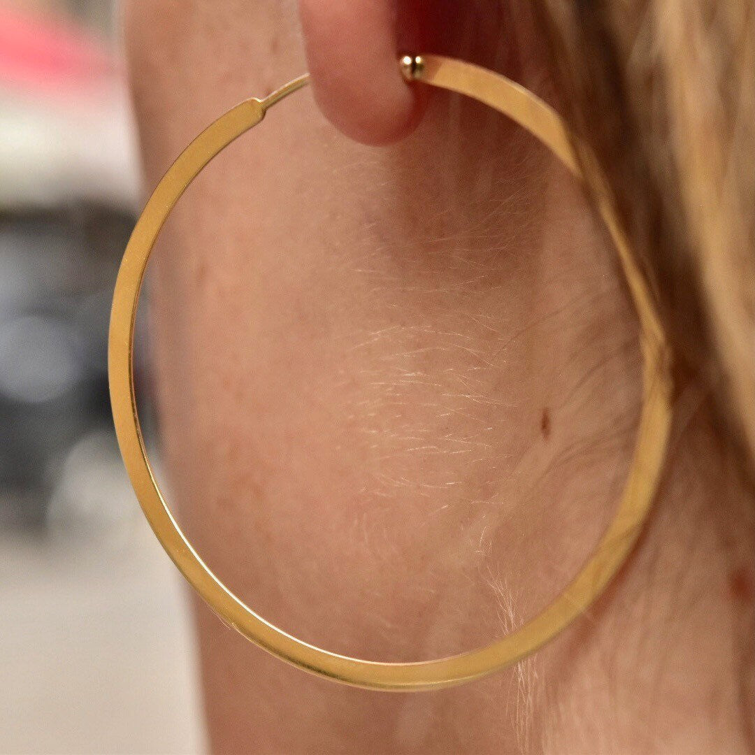 Vintage Solid 14K Gold Hoop Earrings, Flat Round Huggie Hoops, 585 Yellow Gold, Modernist Gold Hoops, 1 7/8"